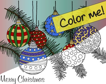 May include: A coloring page featuring a Christmas tree branch with five ornaments hanging from it. The ornaments are decorated with various patterns, including stripes, polka dots, and swirls. The text "Color me!" is written on a yellow banner at the top of the image. The text "Merry Christmas" is written at the bottom of the image.