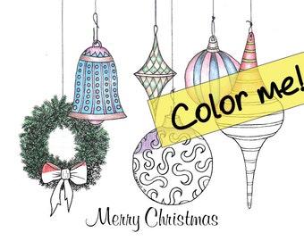 Customizable Christmas Ornaments (#2) Holiday Greeting Card to Color Instant Download