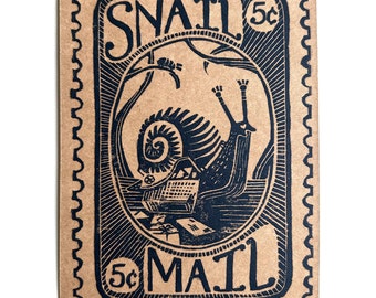 Postal Linocut de Snail Mail - Estacionaria - Arte Popular - Cottagecore