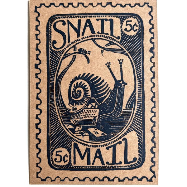 Snail Mail Linocut Postcard - Stationary - Folk Art - Cottagecore