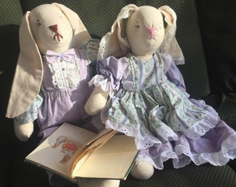 Easter Bunny dolls and book set, Handmade doll set, The Tale of Peter Rabbit 4th edition, Beatrix Potter, vintage handmade dolls