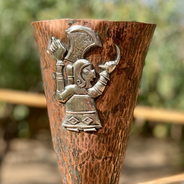 Graziella Laffi vase, copper vase with silver Inca warrior by G. Laffi Peruvian designer