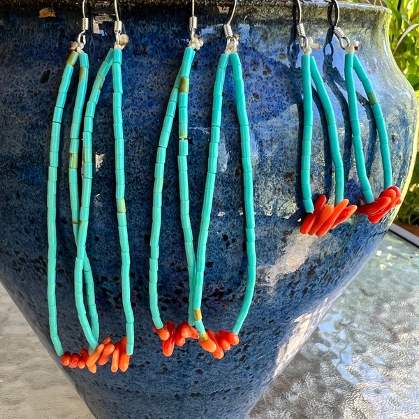 Pueblo turquoise jacla earrings, long turquoise earrings, Native American Indian jewelry, turquoise spiny oyster, Santo Domingo Pueblo