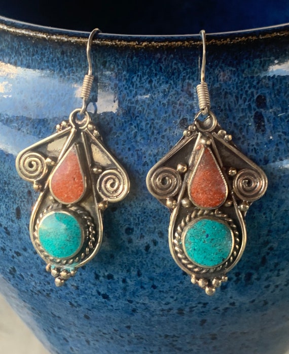 Tibetan turquoise and coral earrings, Nepali turqu