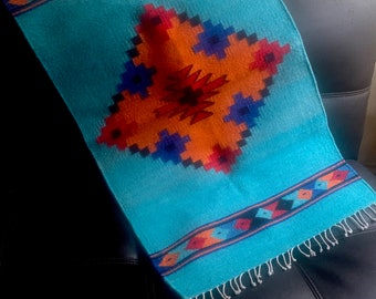 Zapotec rug, Zapotec wool woven rug, Mexican rug, Southwest style, turquoise, blue, red, orange with center diamond design