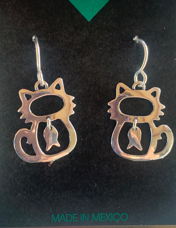 Cat earrings, Taxco silver, cat with fish danglin… - image 1