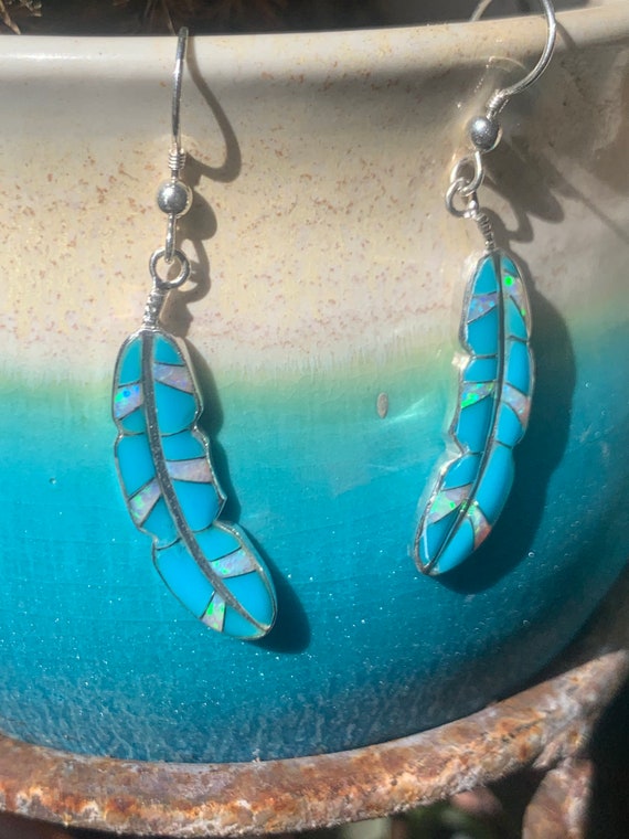 Feather earrings, turquoise feather, opal feather… - image 3