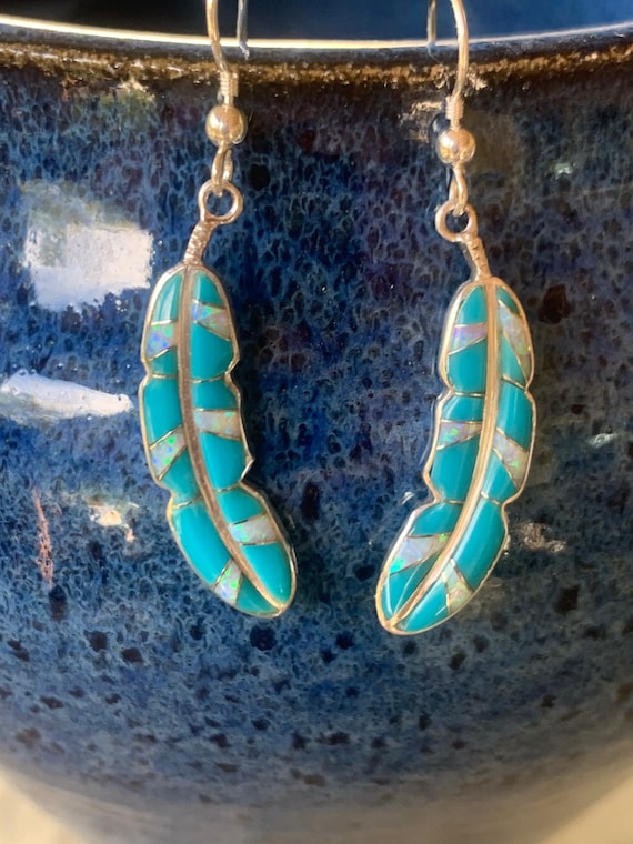 Feather earrings, turquoise feather, opal feather… - image 2