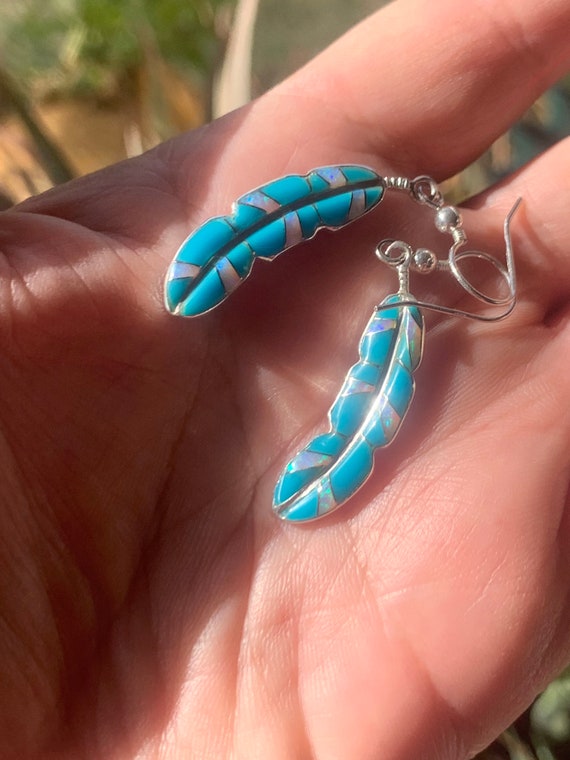Feather earrings, turquoise feather, opal feather… - image 7
