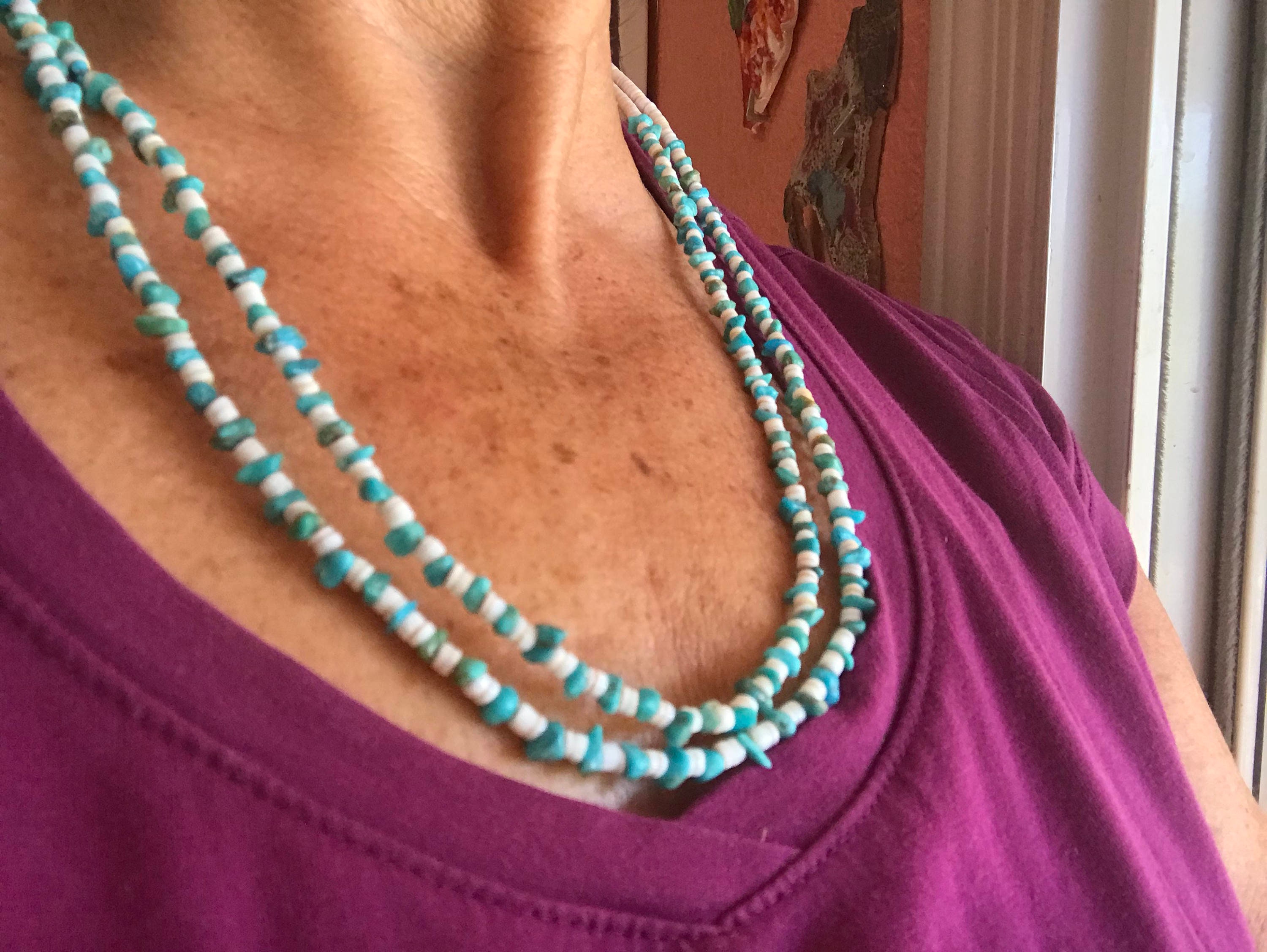 Collier En Turquoise Ancienne Naturelle - 310 Carats - 2 Rangs (8mm & 6mm) - Longueur 46/48cm - Neuf Avec étiquettes