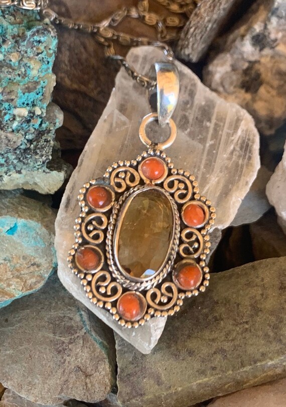 Faceted citrine necklace with carnelian, set in s… - image 1