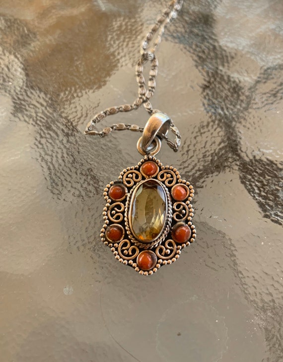 Faceted citrine necklace with carnelian, set in s… - image 2