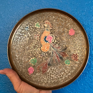 Indian brass plates, peach design, vintage brass plate India, etched brass plate