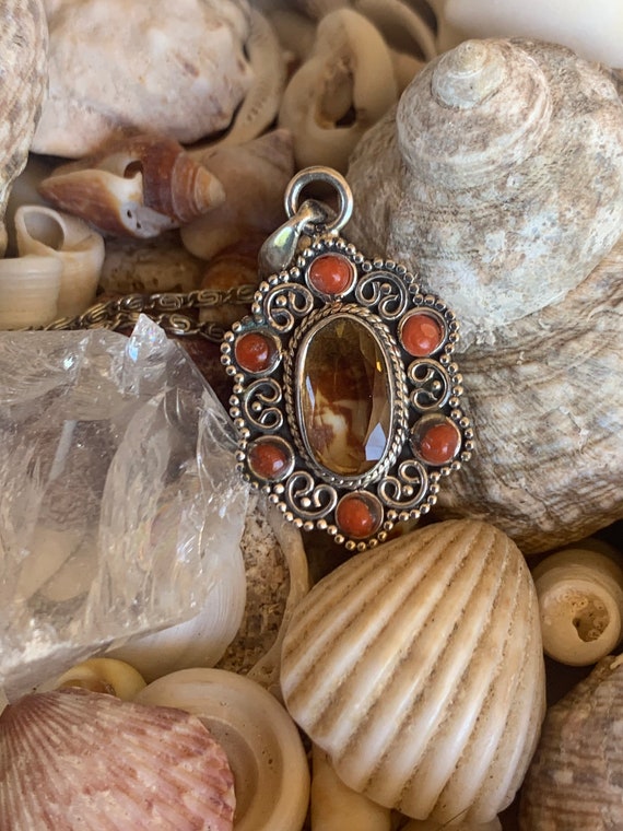 Faceted citrine necklace with carnelian, set in s… - image 7