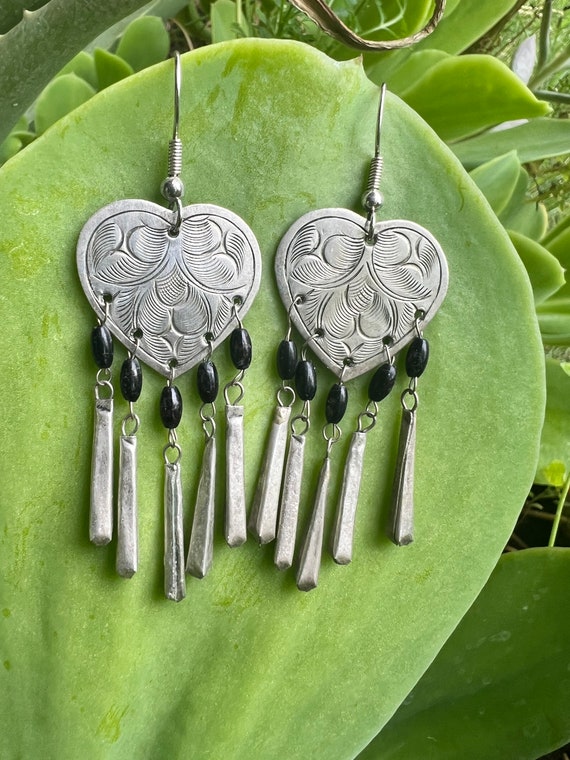 Dangling heart earrings, vintage stamped silver h… - image 1