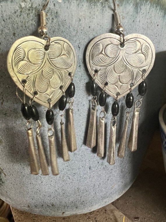 Dangling heart earrings, vintage stamped silver h… - image 2
