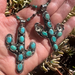Turquoise saguaro pendant, cactus pendent, cactus flower, Tibetan tribal silver