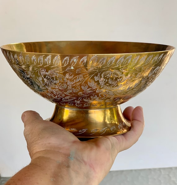 Indian Brass Bowl, Vintage Brass Bowl India, Etched Brass Bowl