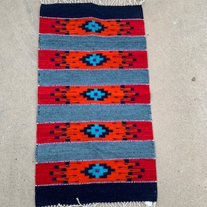 Zapotec rug, Zapotec wool woven rug, Mexican rug, Southwest style, blue, turquoise, red, orange with repeating diamond design