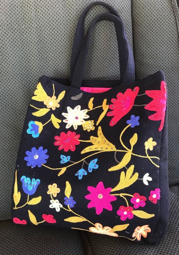 embroidered flower tote bag, Vintage embroidery ba