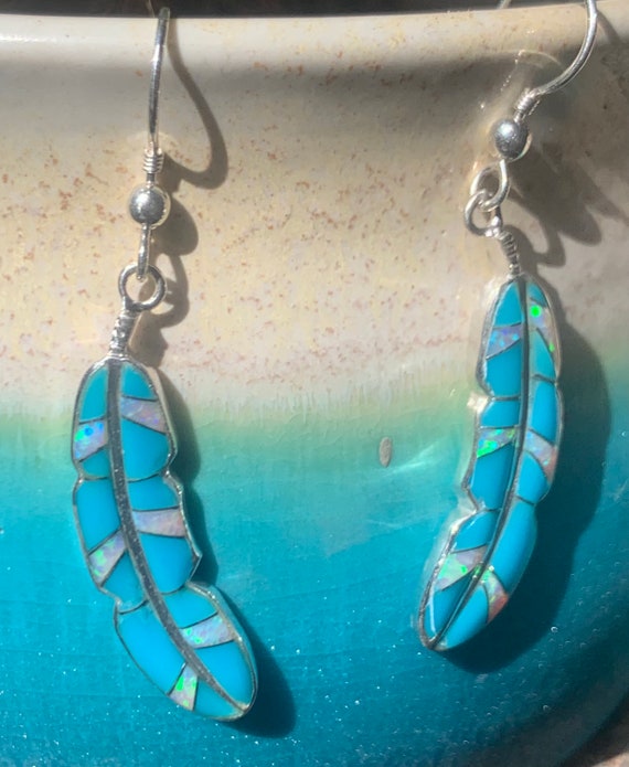 Feather earrings, turquoise feather, opal feather… - image 9