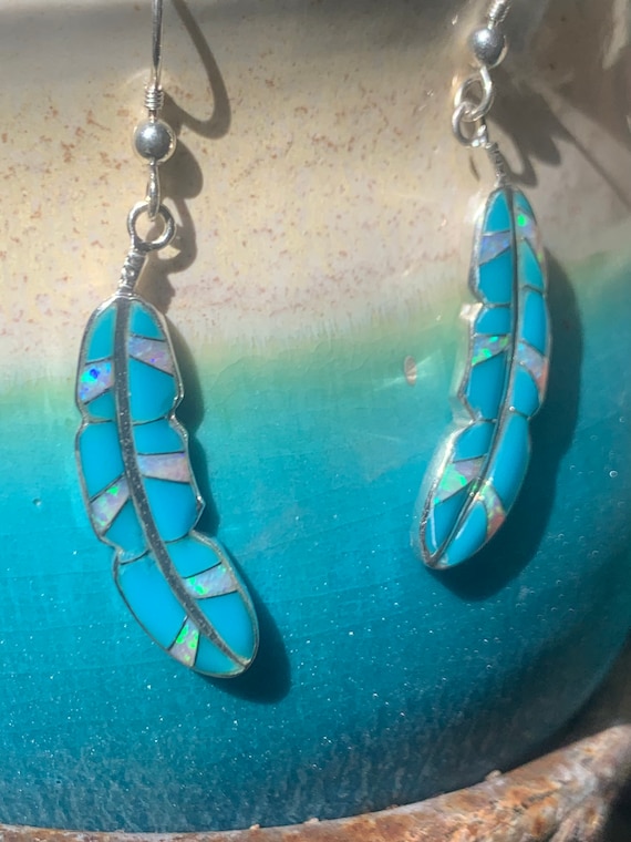 Feather earrings, turquoise feather, opal feather… - image 1