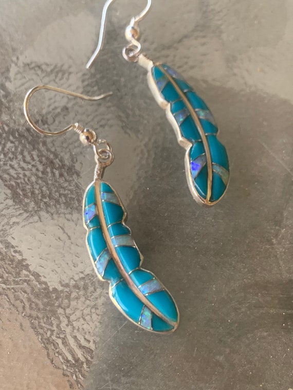 Feather earrings, turquoise feather, opal feather… - image 6