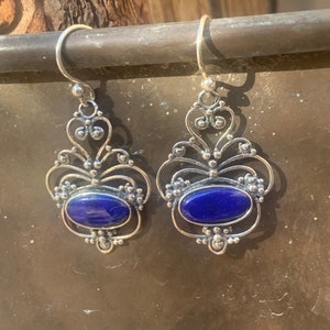 Lapis Lazuli sterling silver earrings, heart filigree, blue earrings