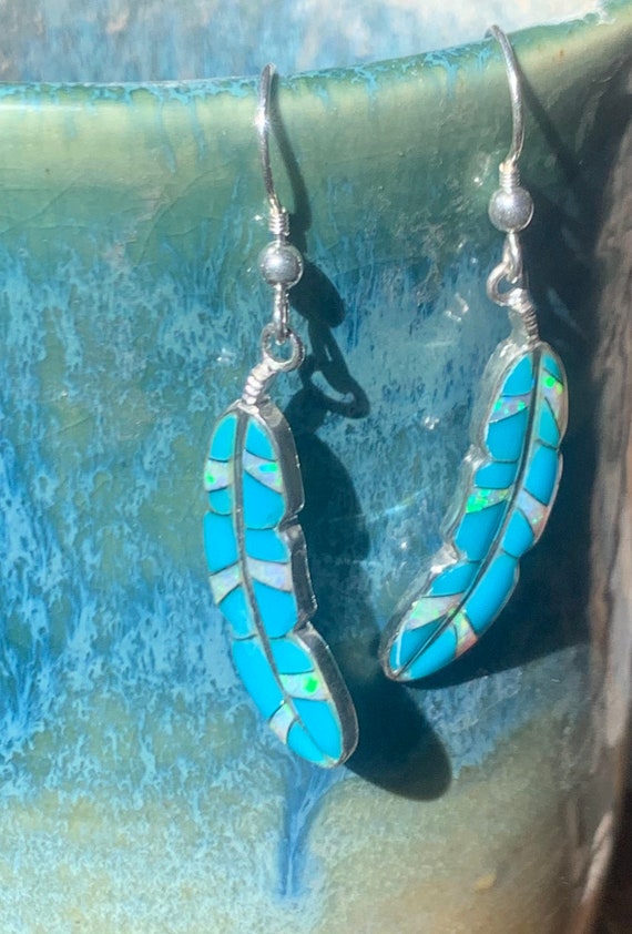 Feather earrings, turquoise feather, opal feather… - image 10