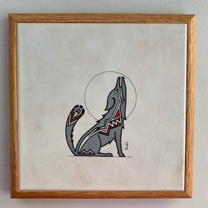 Southwest trivet, Coyote art, vintage ceramic tile, Coyote howling at moon, Pueblo design tile, hallmark Rob, tile wall art, ceramic trivet