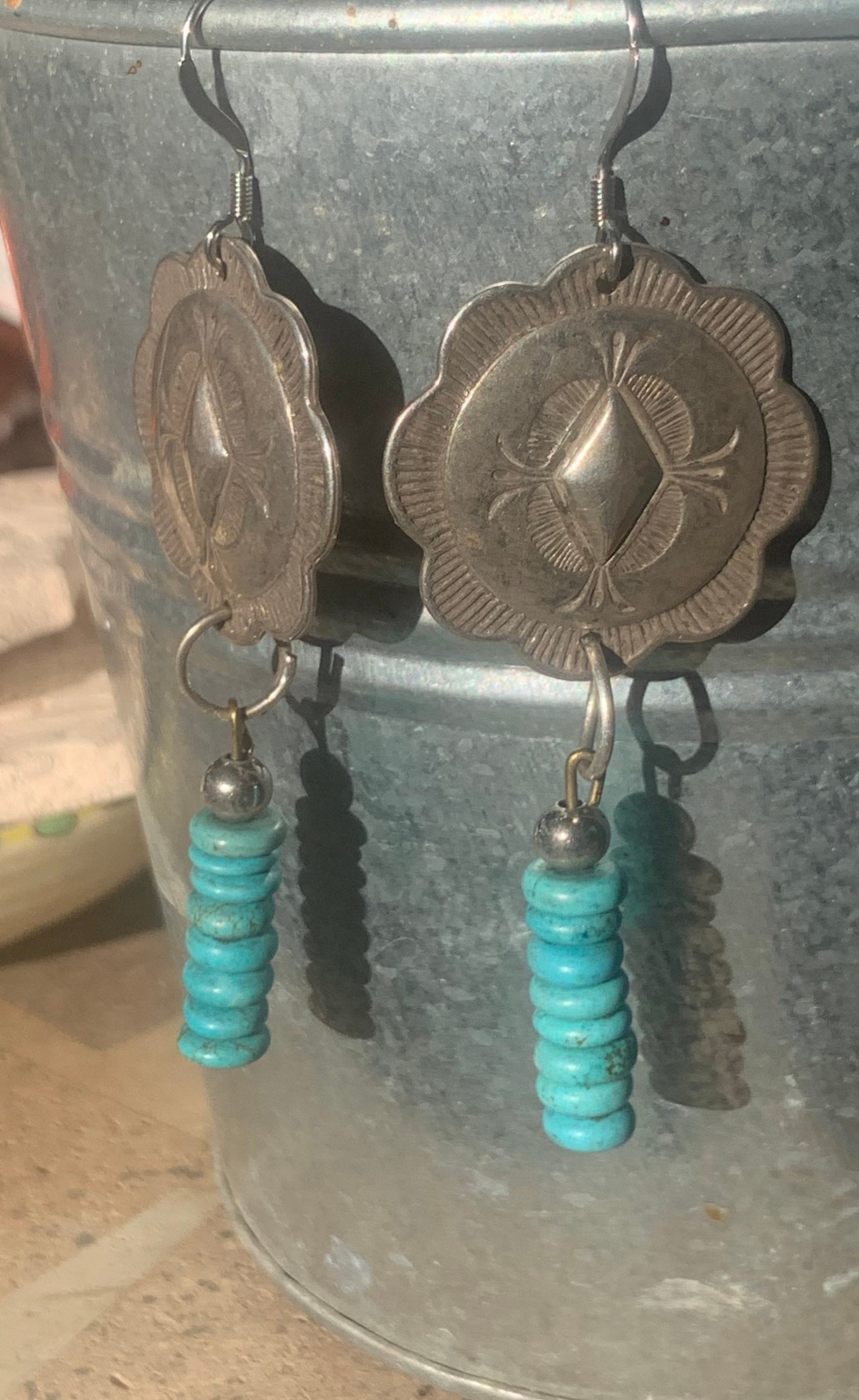 Concha earrings with dangling turquoise beads. | Etsy
