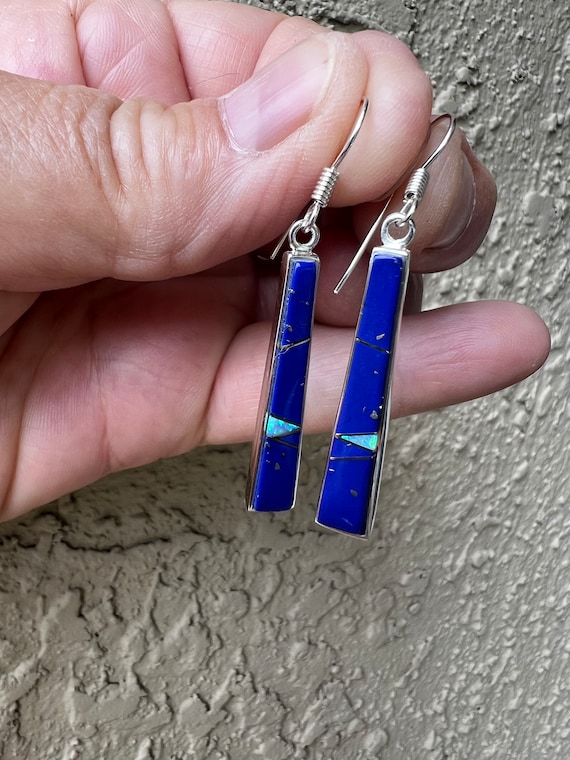 Lapis and opal earrings, inlaid lapis lazuli with 