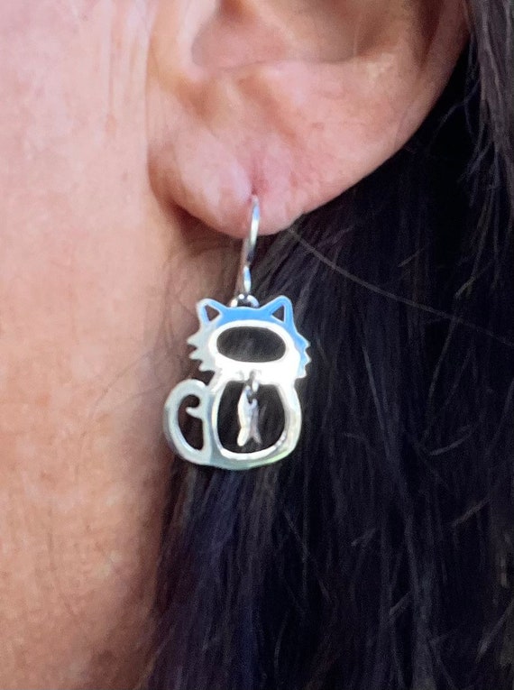 Cat earrings, Taxco silver, cat with fish danglin… - image 7