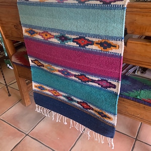 Zapotec rug, Zapotec wool woven rug, Mexican rug, Southwest style rug, turquoise, pink, diamond design