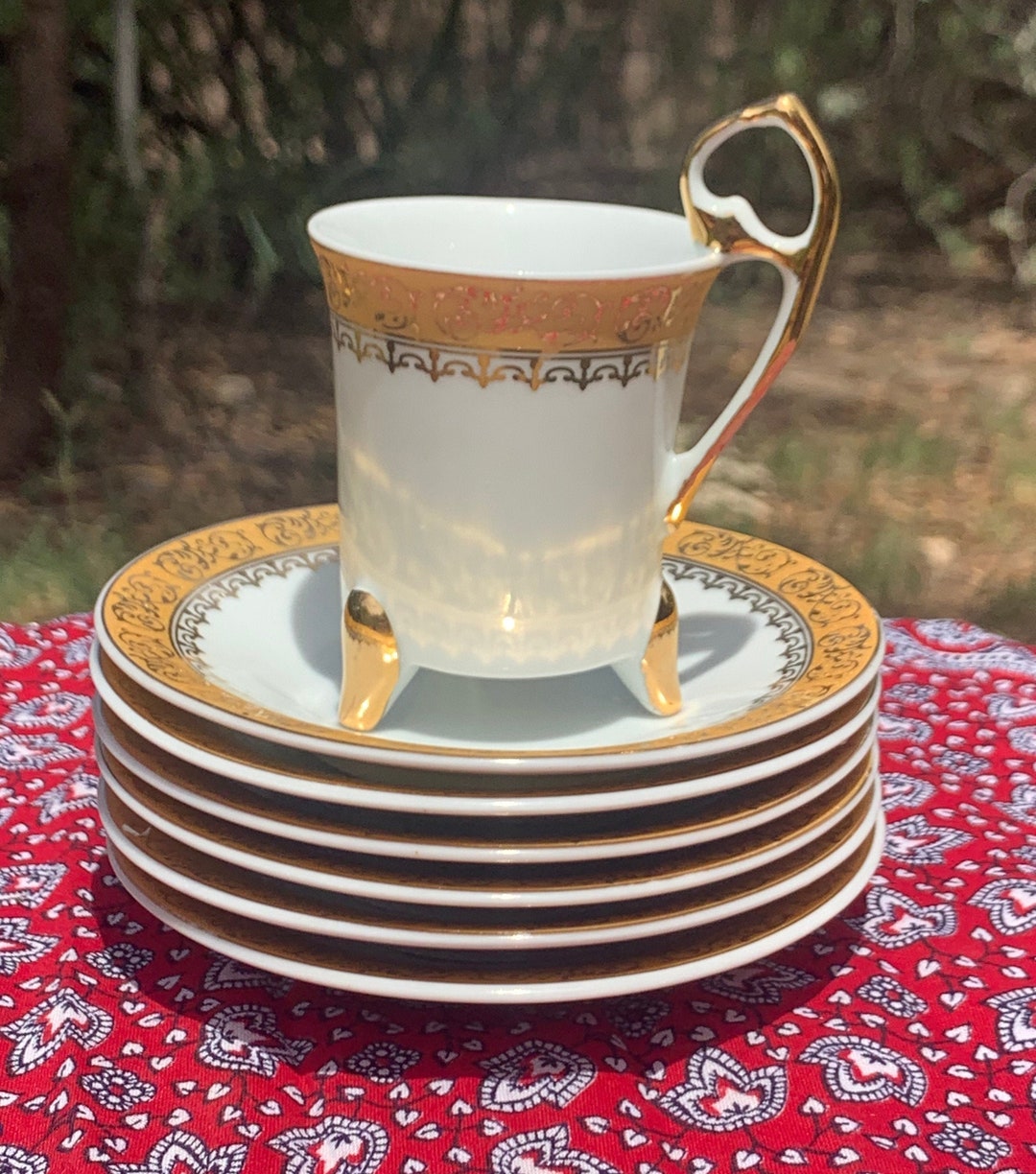 Espresso Cups, Gold Espresso Cup Set 6 Cups and Plates, White Porcelain