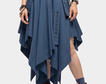 Falda midi asimétrica azul: Falda de algodón estilo militar chic con bolsillos