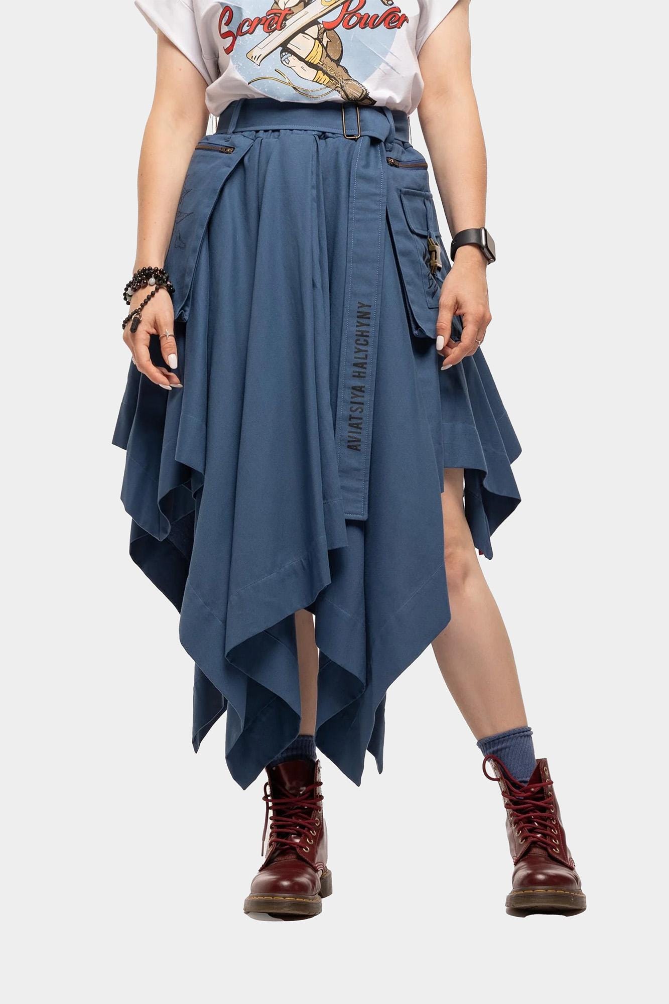 Blue Asymmetrical MIDI Skirt for Women | Skirt with Side Pockets | Military Chic| Gift for her | Cotton Fabric