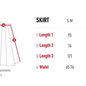 Puede incluir: Diagrama que muestra las medidas de una falda en tallas S-M y L-XL. Las medidas incluyen la longitud 1, la longitud 2, la longitud 3 y la cintura. Las medidas est&aacute;n en cent&iacute;metros.