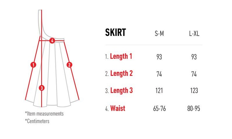 Puede incluir: Diagrama que muestra las medidas de una falda en tallas S-M y L-XL. Las medidas incluyen la longitud 1, la longitud 2, la longitud 3 y la cintura. Las medidas est&aacute;n en cent&iacute;metros.