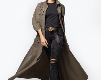 Women's extravagant trench dress | Cotton maxi coat dress with pockets