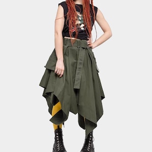 Women&#39;s Asymmetrical Midi Khaki Skirt | Army Khaki Skirt | Gift for her | Cotton Fabric