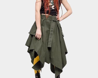 Falda midi caqui / Falda asimétrica de algodón estilo militar verde