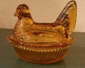Amber Glass Chicken on a Nest Dish