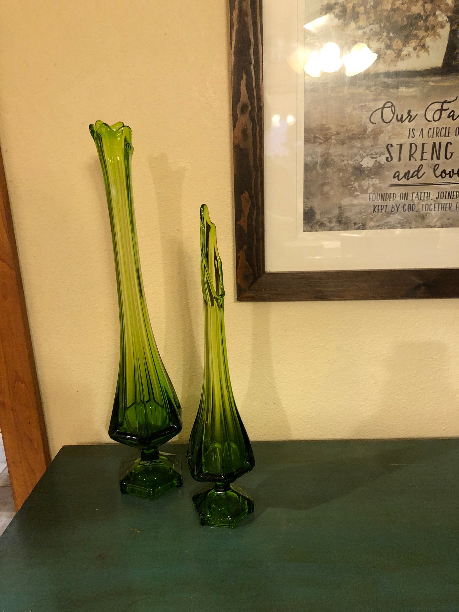 Pair of tall green Viking Glass vases Etsy