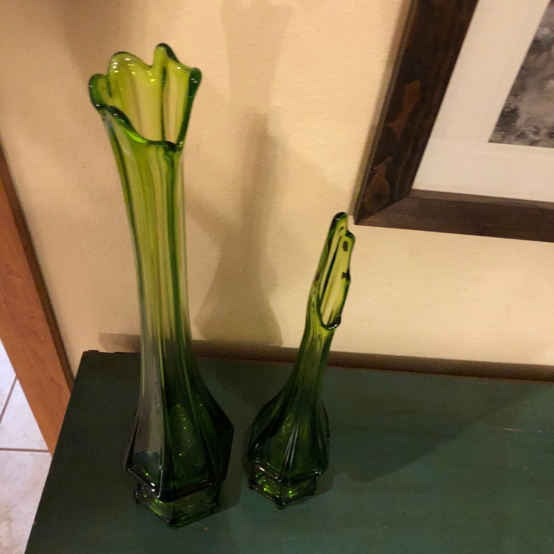Pair of tall green Viking Glass vases Etsy