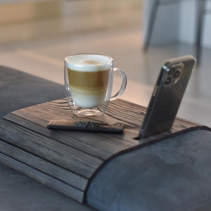 Sofa arm tray with phone holder, wooden bedside couch arm protector, foldable coaster for cups, TV chair armrest caddy