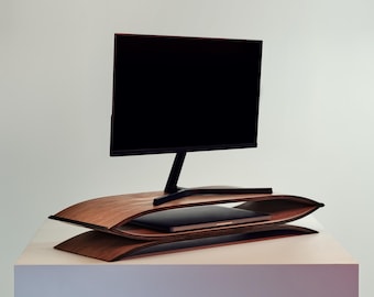 Wooden Monitor Stand for Desk, Computer Desktop Riser with Storage Organizer, Modern PC Accessories for Screen, Wood Shelf for Laptop