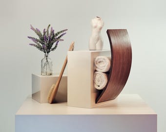Rolled Towel Holder Wall Mounted, Oak Vertical Wooden Shelf, Japandi Handtowel Storage, Wall Mount Floating Rack, Minimalist Spa Storage