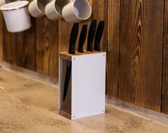 Knife block holder universal rack empty display stand designer made of colored steel and wood standing without knifes