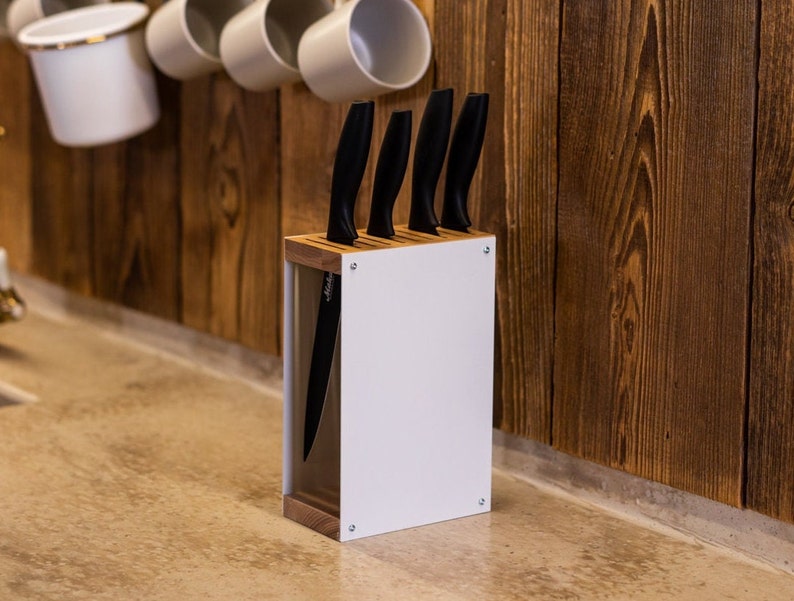Knife block holder universal rack empty display stand designer made of colored steel and wood standing without knifes image 1